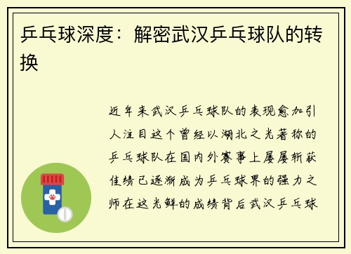 乒乓球深度：解密武汉乒乓球队的转换
