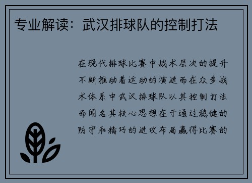 专业解读：武汉排球队的控制打法