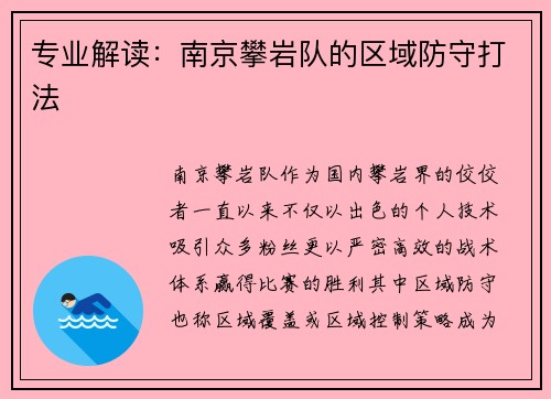 专业解读：南京攀岩队的区域防守打法