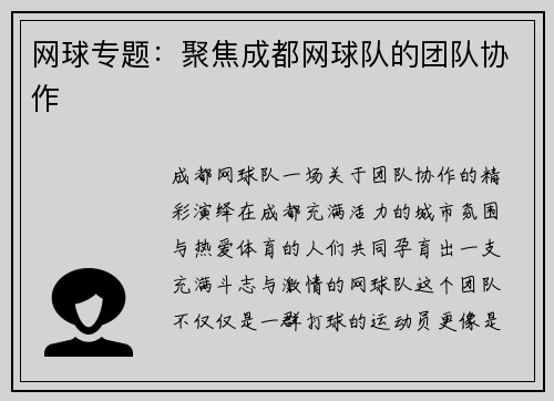 网球专题：聚焦成都网球队的团队协作